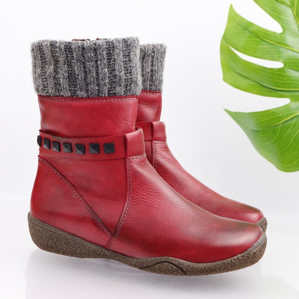 Theresia M Womens Boots Size 7 Red Leather Studded Knit Cuff Ankle Comfot Bootie